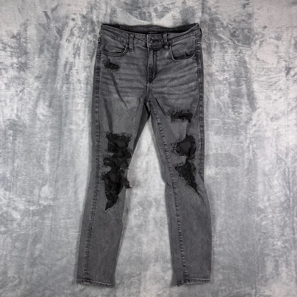American Eagle Next Level Stretch Ripped Skinny Jeans Black 6 Short Distressed